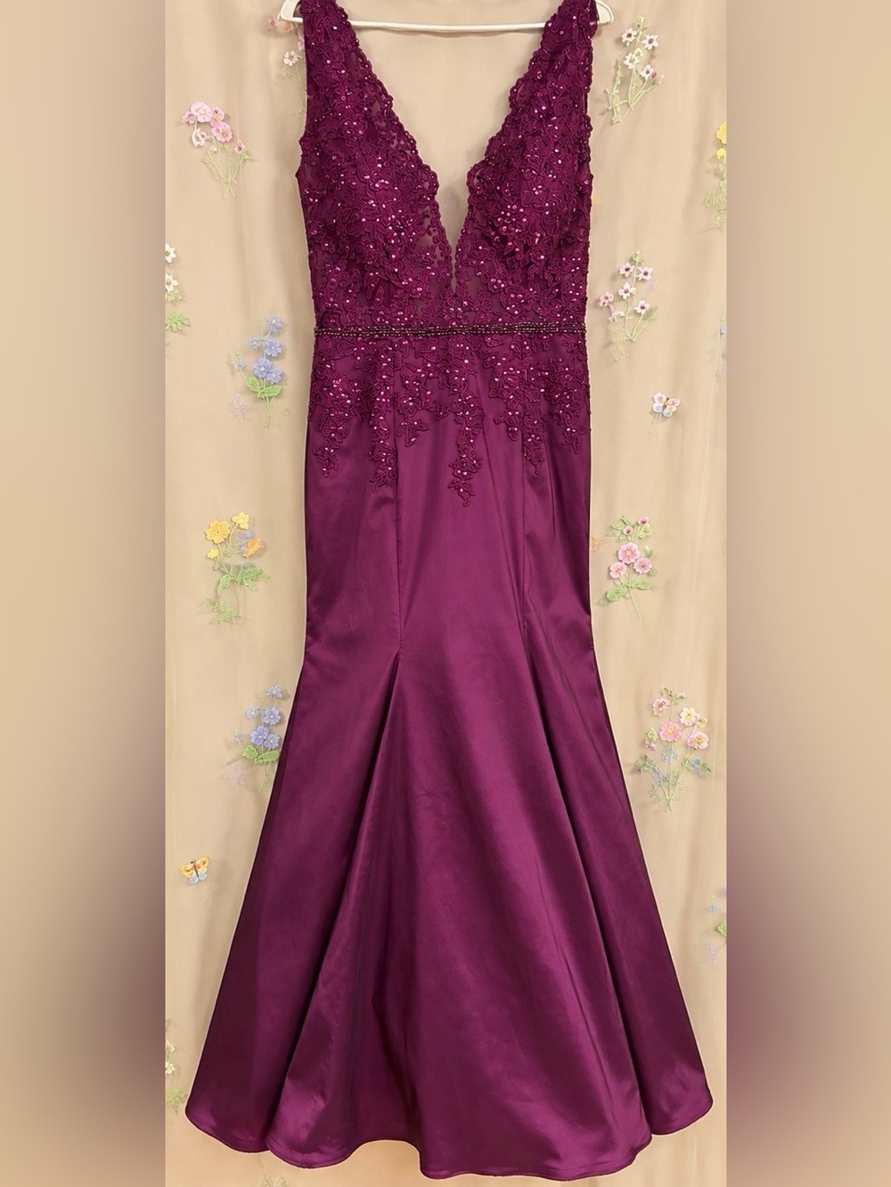 Mori Lee Plum Purple Lace Sequin Mermaid Formal Gown Dress Size 14